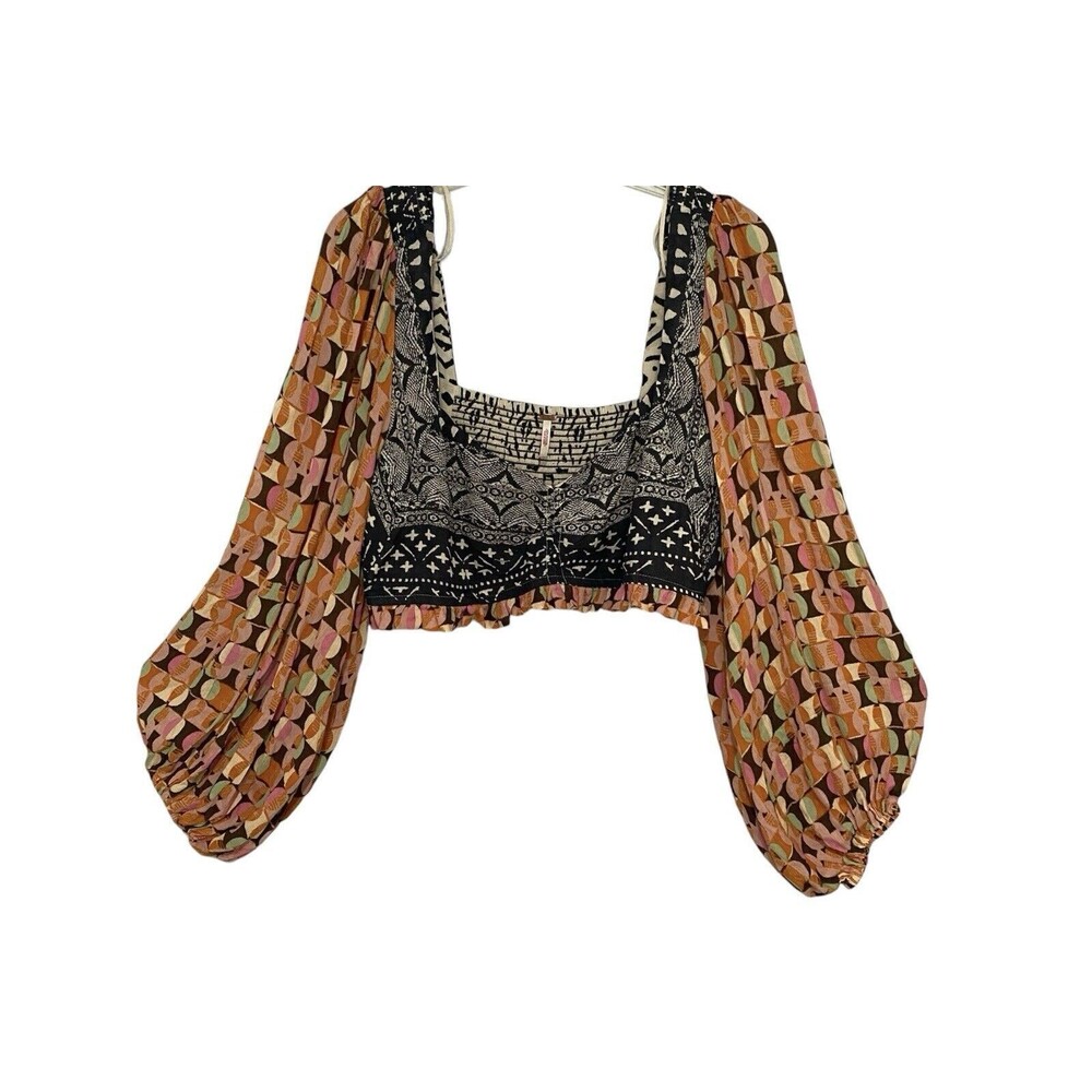 Free People Naomi Printed Smocked Puff‎ Sleeve Endless Summer Cropped Top Sz M